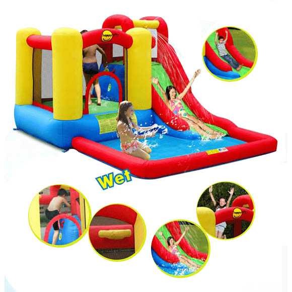 מתקן מתנפח לחצר משולב: מגלשת מים ומתקן קפיצה, דגם N9271 ("התגלש וקפוץ").