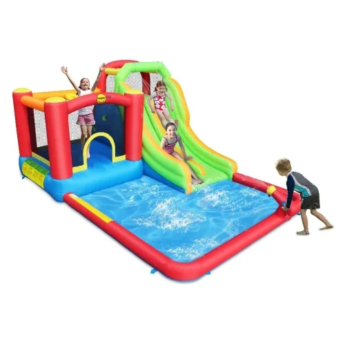 מגלשת מים כפולה משולבת עם משטח קפיצה דגם 9763 – פארק מים פרטי ומקצועי לגינה