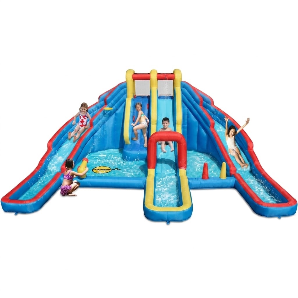 פארק מים מתנפח ענק Happy Hop דגם 9045R הכולל שלוש מגלשות מים, קיר טיפוס מרכזי, בריכה גדולה ותותחי מים בעיצוב צבעוני.